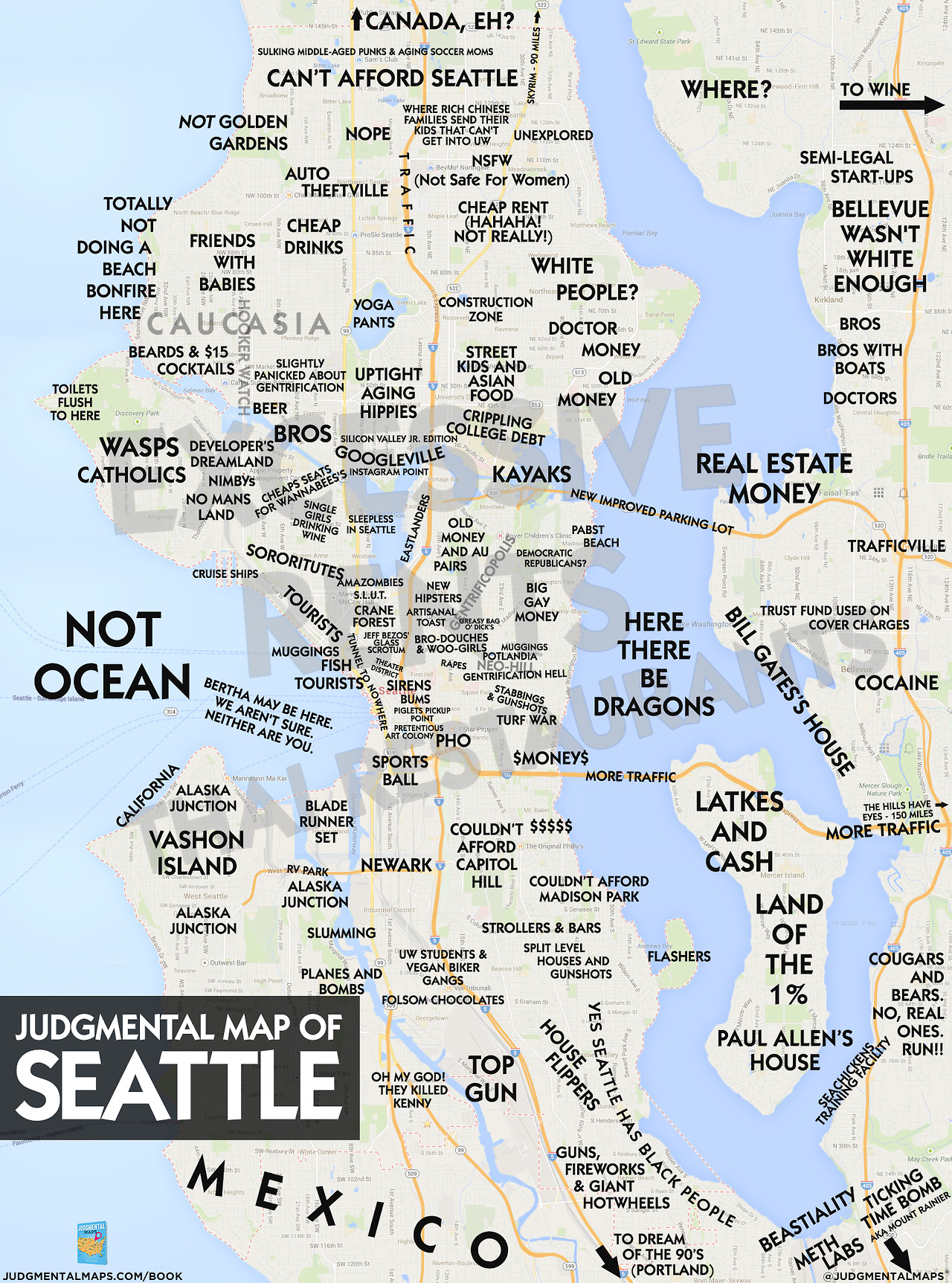 Map of Seattle with humerous stereotype commentary about neighborhoods and regions.